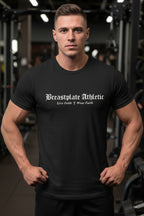 Black t-shirt with 'Breastplate Athletic' text on a white background