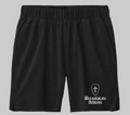 Black athletic shorts with a logo and text on a white background