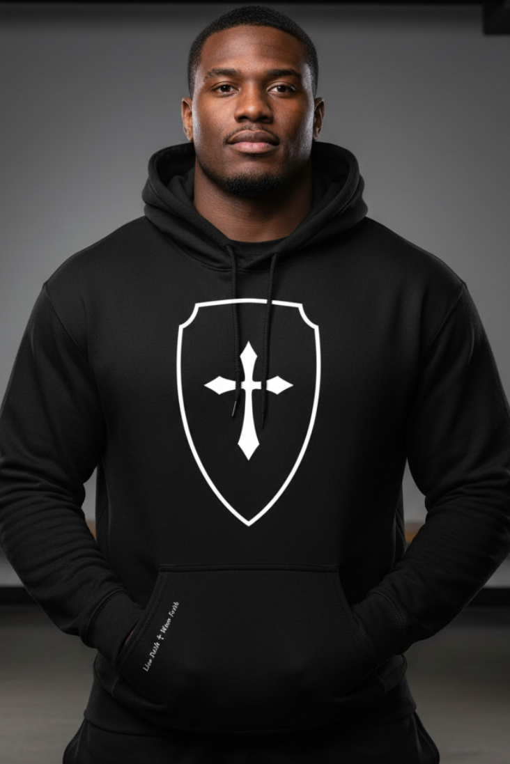 Breastplate Shield Cross Hoodie ‚ Live Faith+Wear Faith  Sleeve Christian Sweatshirt