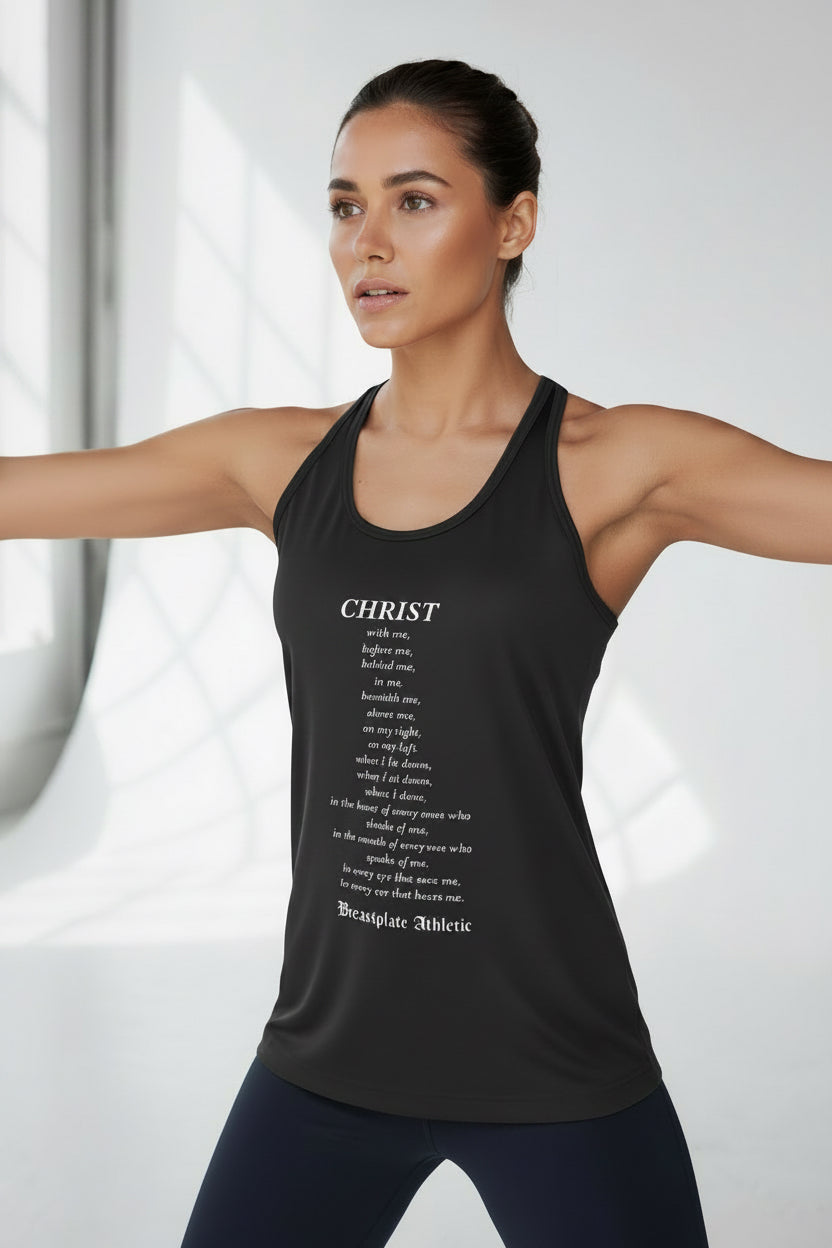 Women's black tank top with Breastplate shield & prayer