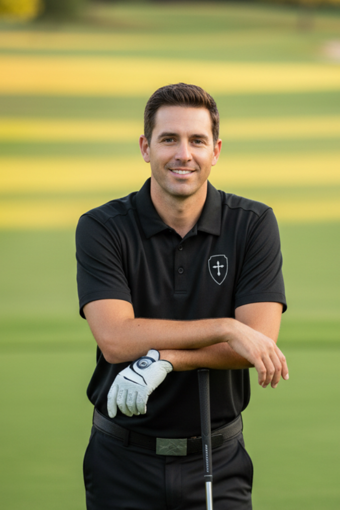 Black polo shirt with a white logo on a white background