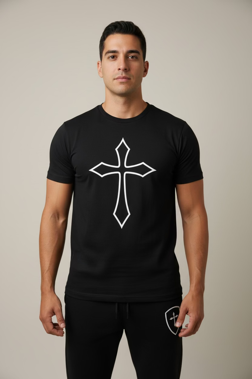 Breastplate Cross T-Shirt Cross Front Graphic & Brand Logo Back